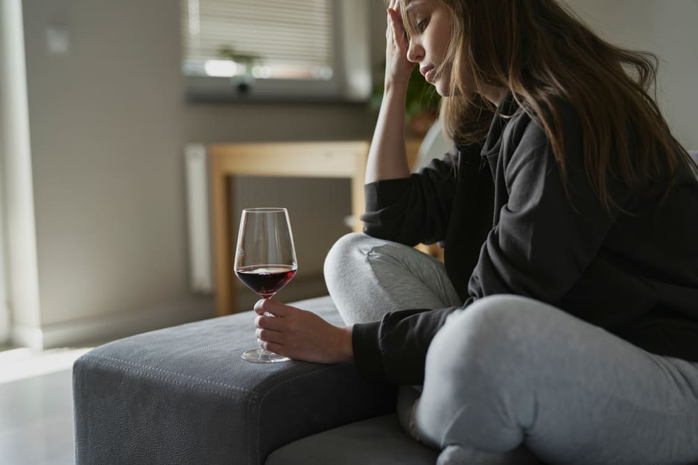 woman sitting on a bed with a glass of wine struggling with her addiction